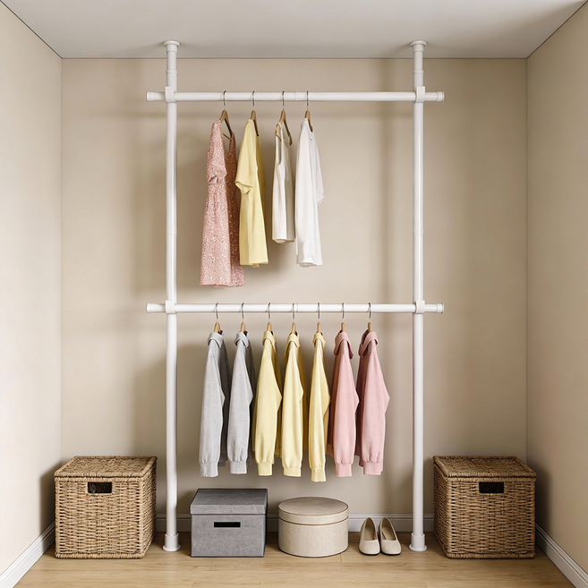 기본형 2단 행거 고정식 옷걸이 행거 튼튼한 굵은기둥 와이드가로봉 옷장, 화이트