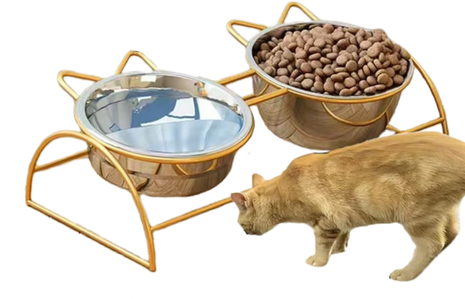 스테인레스 스틸 고양이 밥그릇 2구 전복방지 고양이물그릇 개밥그릇 애견식기 2pcs, 금, 14.7*7.6cm*2개