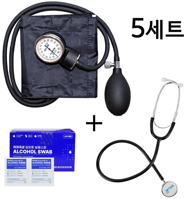 수동식 아네로이드 메타 혈압계+단면 청진기+국내산 알콜솜 100매 세트, 5세트, 메탸혈압계JS-100단면청진기JS-201알콜솜