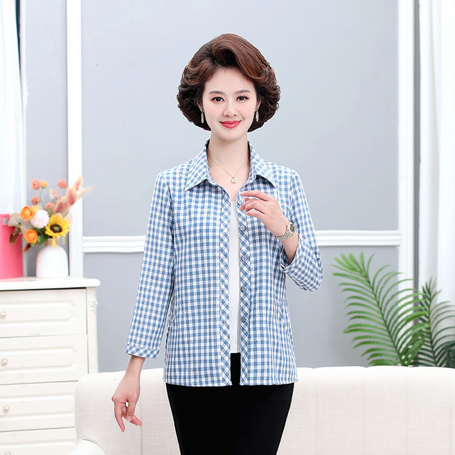 SAHINER 여성 봄가을 루즈핏 체크 코튼혼방 카라 긴팔 셔츠 ACS62