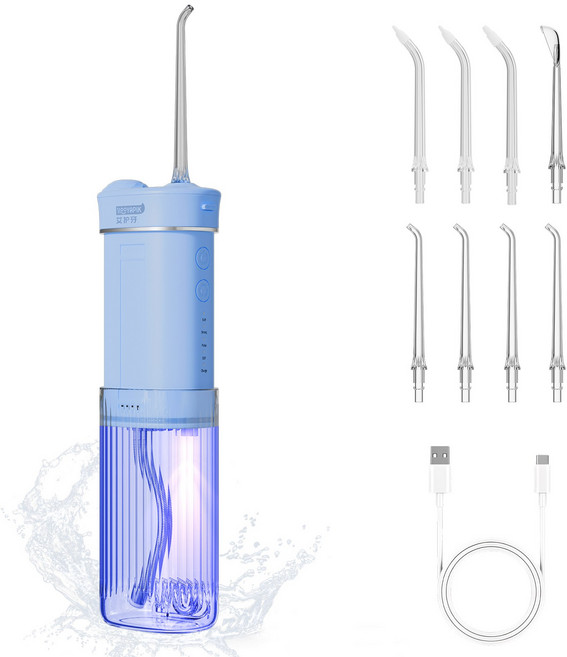 Hooyapik 휴대용 구강세정기 미니구강세정기 치아청소기계 수압세정기 대용량 건강한 구강관리 IPX7 방수 워터칫솔+8개 노즐팁, 블루, D0040(X3)