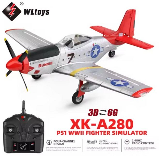 WLtoys XK A280 LED 서치 RC 비행기 2.4G 4CH 3D6G 모드 항공기 P51 전투기, 1개