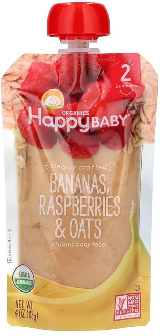 Happy Baby Organics 2단계 이유식 파우치 글루텐 프리 비건 및 건강한 간식 명확하게 제작된 과일 및 채소 퓨레 바나나 라즈베리 및 귀리 113.4g(, 바나나 + 라즈베리 + 오트 혼합맛