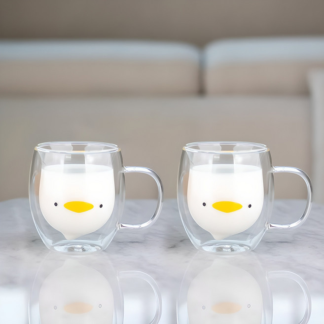 레토 오리 이중 내열 손잡이 유리컵 270ml, 투명, 2개