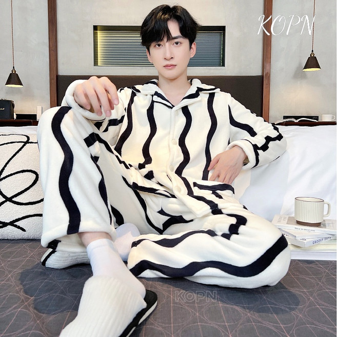 KOPN가을 겨울 플란넬 남성 잠옷 두께 보온 가모 산호모 중청년 라지 가정복