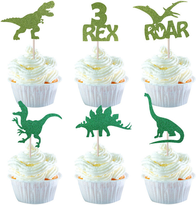 24팩 공룡 컵케이크 토퍼 반짝이 3 렉스 로어 공룡 컵케이 24 Pack Dinosaur Cupcake Toppers Glitter 3 Rex Roar Dinosaur Cupca, 1개, 3-녹색