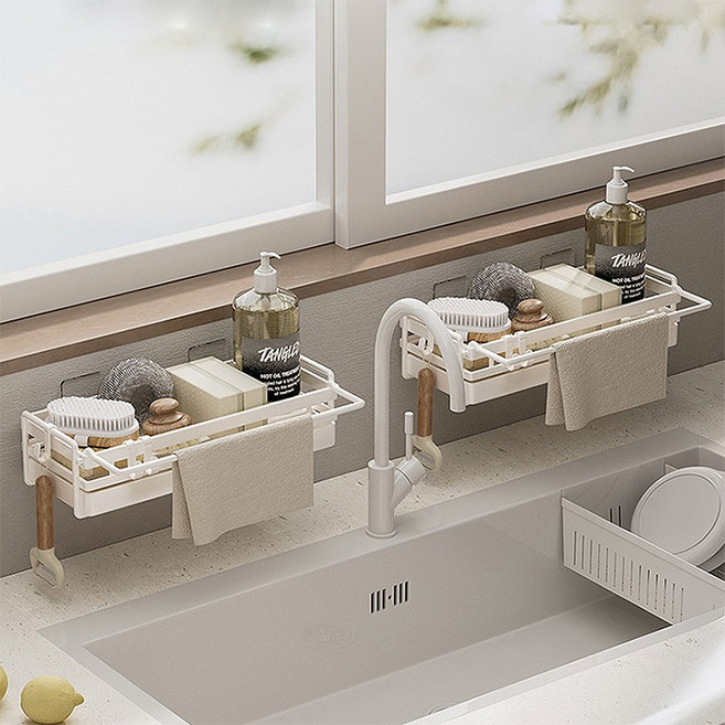 주방 수세미 비누 철제 물빠짐 수납 정리 트레이 행주 타올 걸이 거치대, 몬트리-화이트, 1개
