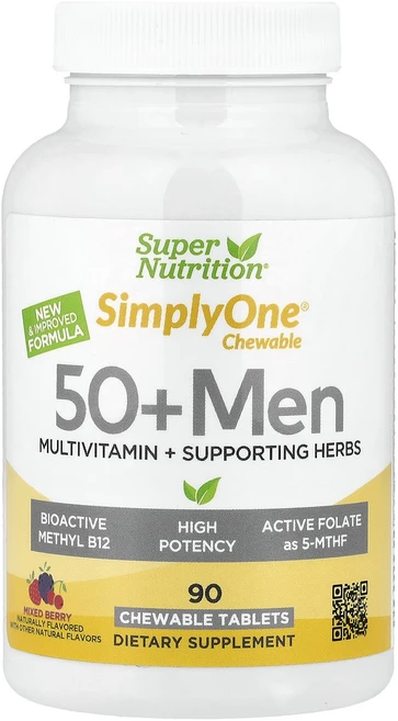 Super Nutrition SimplyOne 50대 이상 남성용 종합비타민 + 건강 증진 허브 믹스 베리 맛 츄어블 90정, Super Nutrition SimplyOne 5..., 1개 - 쿠팡