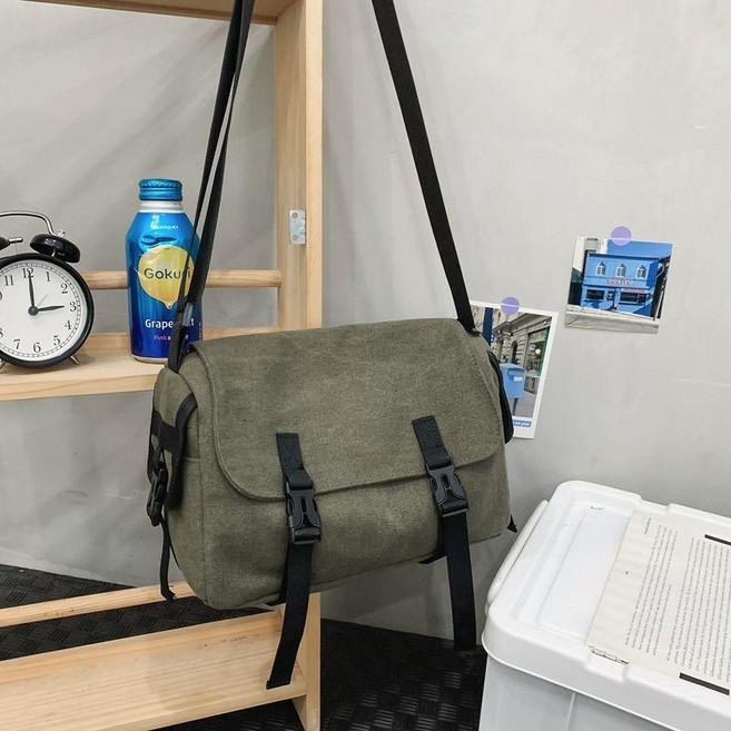 男士帆布郵差包，大容量單肩斜挎包，工裝通勤包, 加厚綠色
