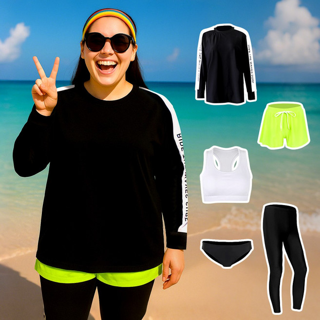 5pcs세트 여성 빅사이즈 래쉬가드 여자 임산부 오버 루즈 핏 체형커버 래쉬가드, 여성래쉬가드_블랙