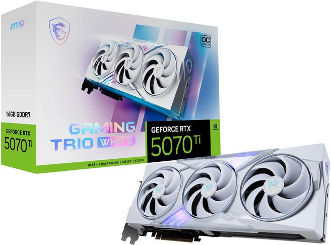 지포스 RTX 5070 Ti 16G 게이밍 트리오 OC 화이트 - 16GB GDDR7(28Gbps/256비트) PCIe 5 부스트: 2572MHz HDMI 2.1b 디스
