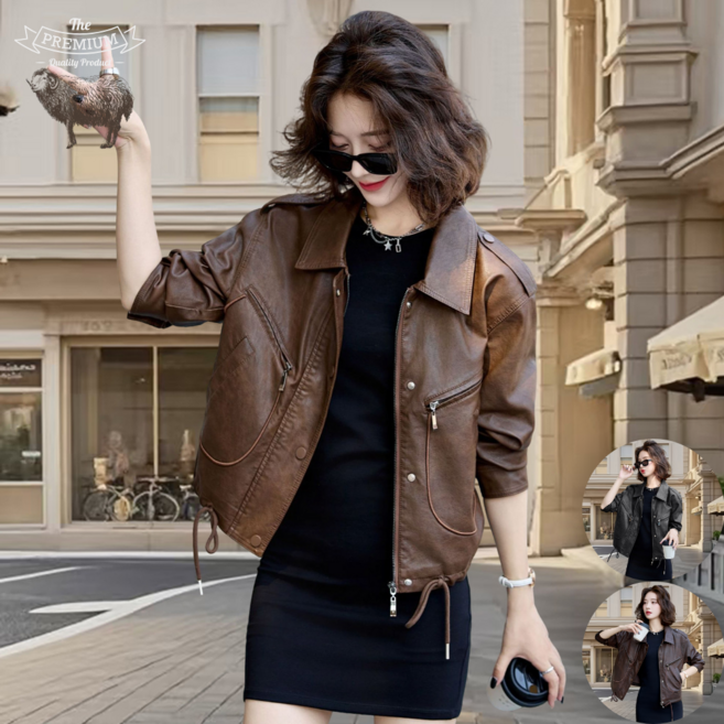 100% 양가죽 스탠드카라 고급 리얼가죽 핸드메이드 여성 양가죽자켓 재킷 숏 루즈핏 키작은