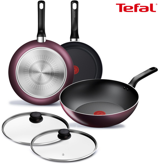 테팔 인덕션 티타늄 메를로 후라이팬 웍 5종세트, 1세트, 팬24+28+웍28+유리뚜껑24+28, 버건디