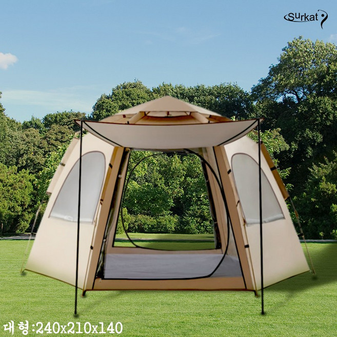 Surkat 원터치 육각 대공간 가족 텐트 대형 육각 돔텐트 자동 캠핑그늘막텐트, 아이보리, 3-4인용