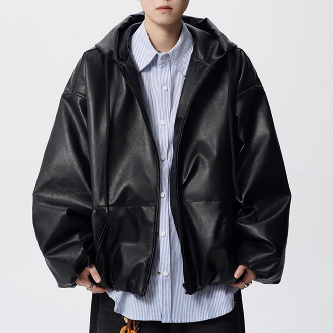 Amlition 남자 후드 가죽 재킷 PU재질 라이더자켓 코트