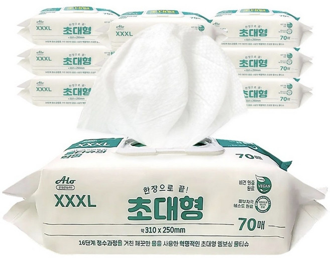 초대형 물티슈 한장이면끝! 도톰한 엠보싱 3XL 특대형 빅사이즈 캡형 (310x250mm) 1팩=1kg, 4개, 70매입, 58g