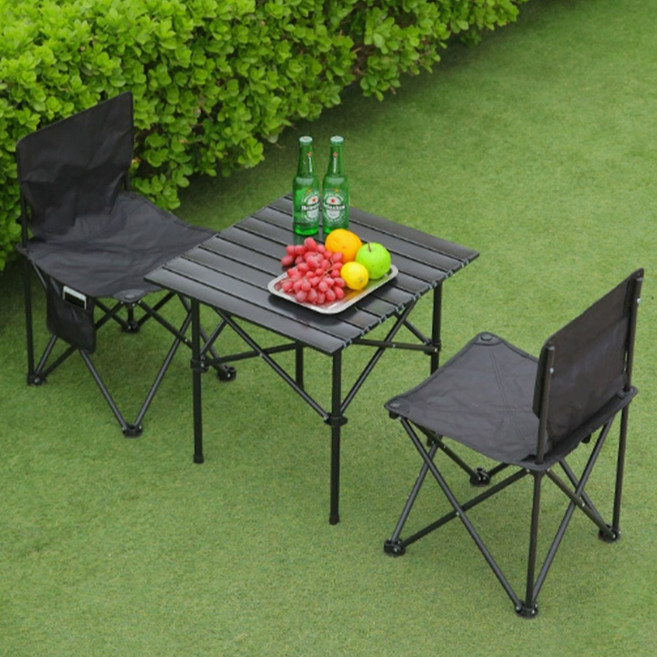 하루꿈 캠핑 테이블 의자 세트 2인/4인 접이식 피크닉 휴대용 야외 경량 롤테이블 체어, 블랙