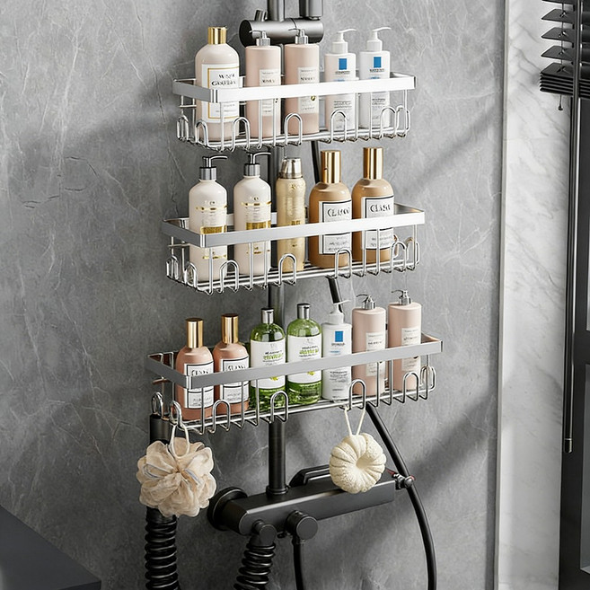 Alemon 스테인레스 무타공 샤워기 봉 욕실 선반 거치대 걸이형 정리, 은색, 3개