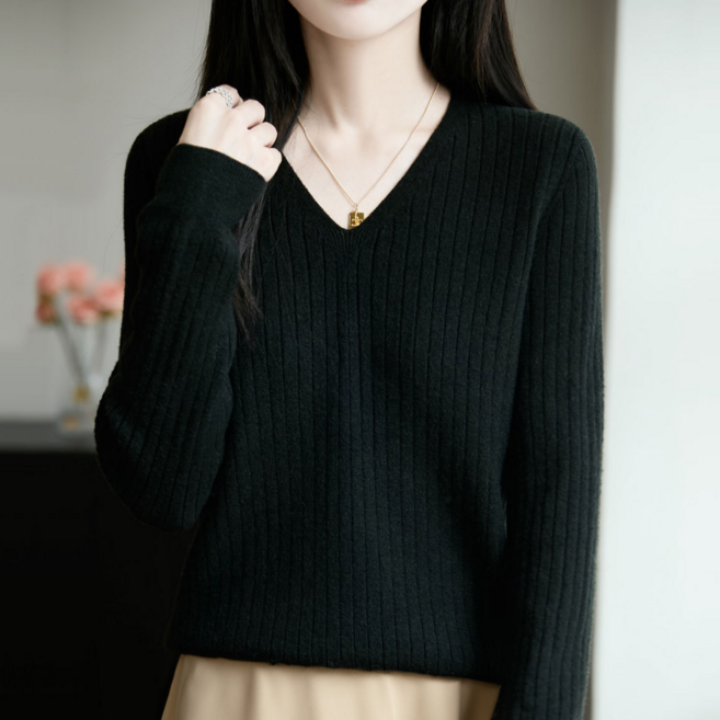 하바우 여성 루즈핏 베이직 골지 브이넥 니트 긴팔티 1P