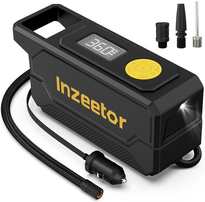 Inzeeter 150 PSI 타이어 인플레이터 휴대용 공기 압축기 디지털 압력 게이지 및 자동차 타이어 자전거 풍선용 비상 LED 조명이 장착된 12V DC 자동 차단 펌프, Black
