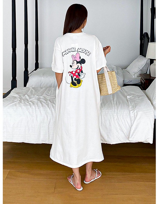 루즈핏 라운드넥 H라인 디즈니 라이센스 미키 미니마우스 프린팅 면 트임 롱 원피스