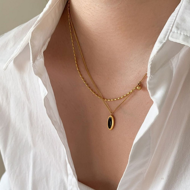 레이어드 오닉스 두줄 블랙 목걸이