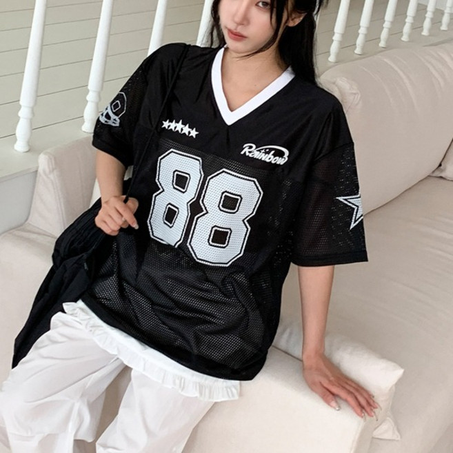 레인보우매쉬 반팔티셔츠)매쉬티 숫자티셔츠 캐주얼 영문티셔츠 박스티 박스핏 루즈핏 오버핏 영문레터링 나염 프린팅 검정 여름