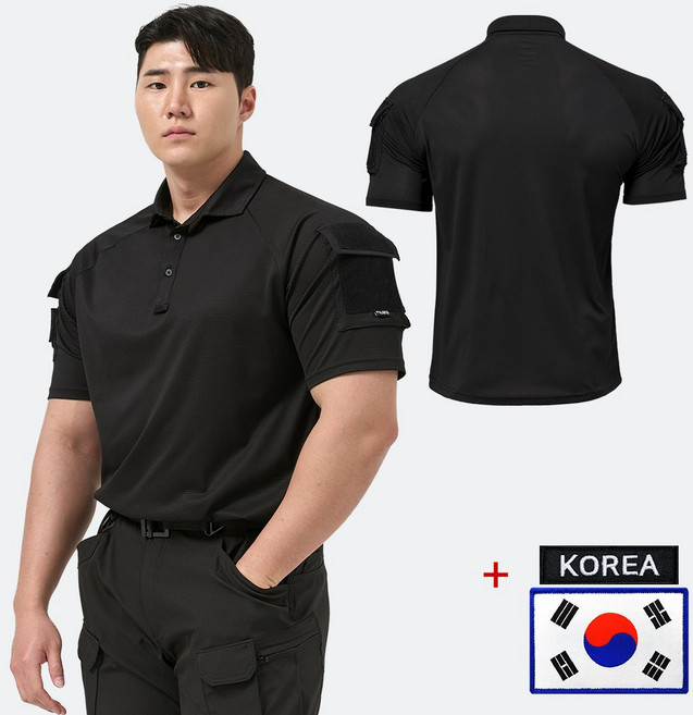 아머 전술 반팔 카라 티셔츠 + 태극기 코리아 패치 - 밀리터리 군용 경호 가드 보안 스태프 안전 코리아
