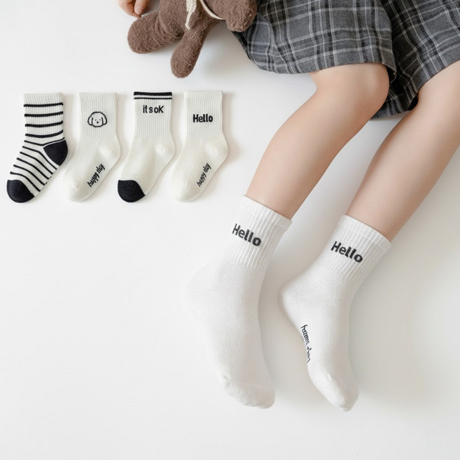 해피삭스 아동용 어린이 헬로퍼피 중목 양말 4켤레 세트