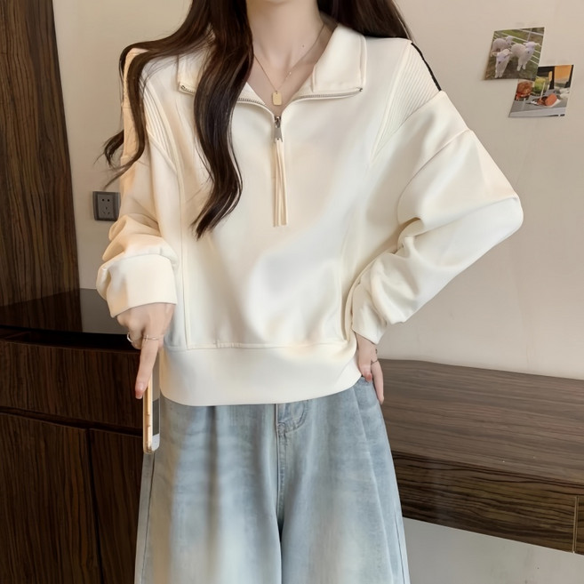 Makone 여성 반집업 솔리드 맨투맨 캐주얼 루즈핏 티셔츠 데일리룩