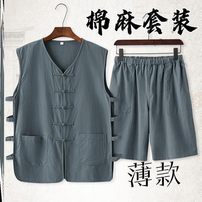 麻本 夏季寬松透氣薄款唐裝馬甲背心短褲套裝 盤扣復古馬褂 男, 1個, 墨綠套裝優質麻料M90-125斤
