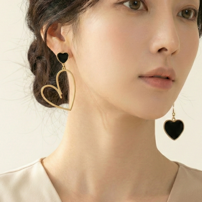 여성 하트 언밸런스 드롭 귀걸이