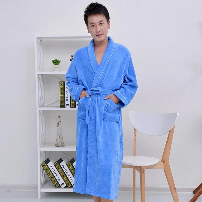코튼 목욕 가운 잠옷 담요 수건 연인 중간 길이 가을 겨울, 1개, 색상: 1. 파란색 / 크기: B. L
