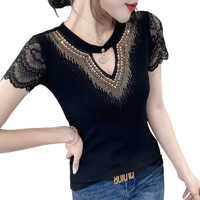 댄스복 상의 여성용 펀칭 티셔츠 레이스 패치 핫피스 티셔츠 뉴타임즈F2410152