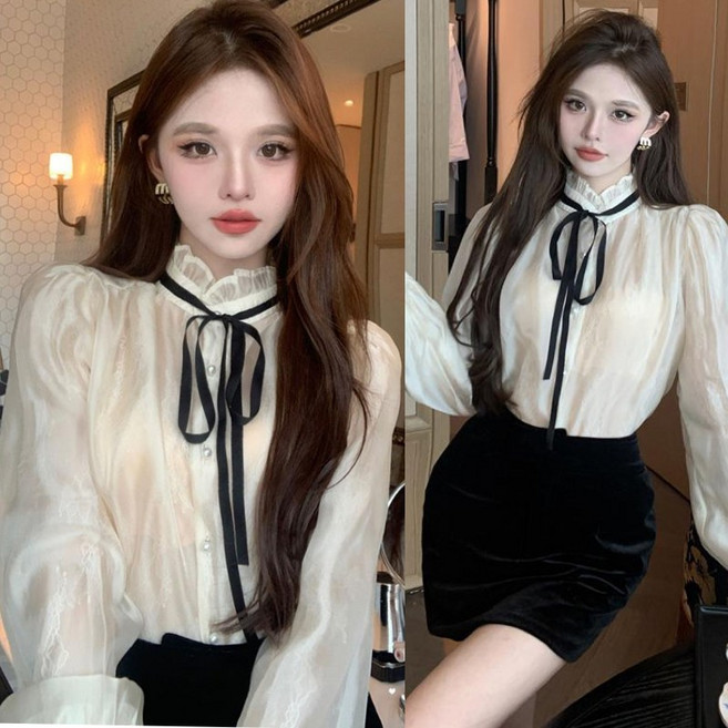 (완전 편한) 여성 프렌치 리본 어깨 퍼프 셔츠 오픈 봄 여름 편한 프릴 진주 포인트 단추 베이지 베이직 쉬폰 데일리 패션 시스루 예쁜 루즈핏 날씬해보이는 우아한 블라우스