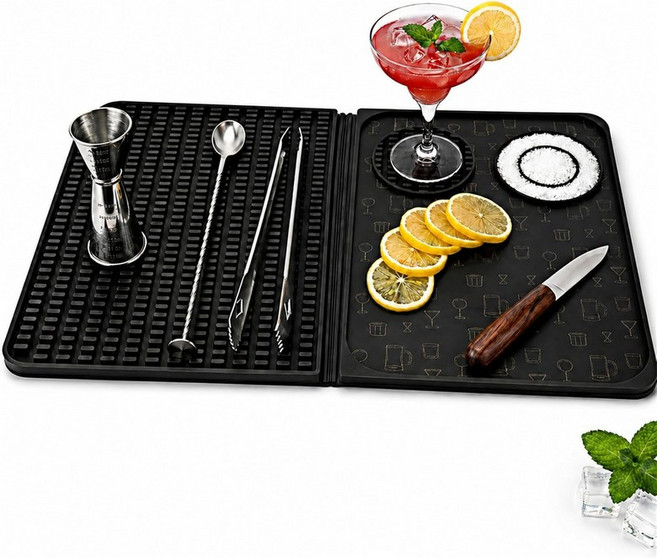 도마가 있는 3-in-1 접이식 실리콘 바 매트 18 x 12인치 조리대 커피 스테이션 홈 RV 및 간편한 헹굼 청소를 위한 식기 건조 칵테일 준비, 1세트, 검정
