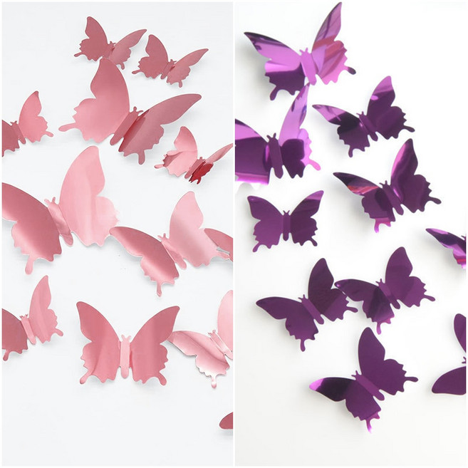 예삐스토어 12p 입체 나비 포인트 벽장식 자석부착 스티커 3d 벽지 데코 아이방, 로즈핑크+퍼플
