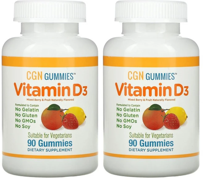[1+1] CGN 캘리포니아 골드 뉴트리션 비타민D3 믹스 베리 및 과일 맛 25mcg(1 000IU) 구미 젤리 90개 젤라틴 글루텐 무함유, 1개 - 쿠팡