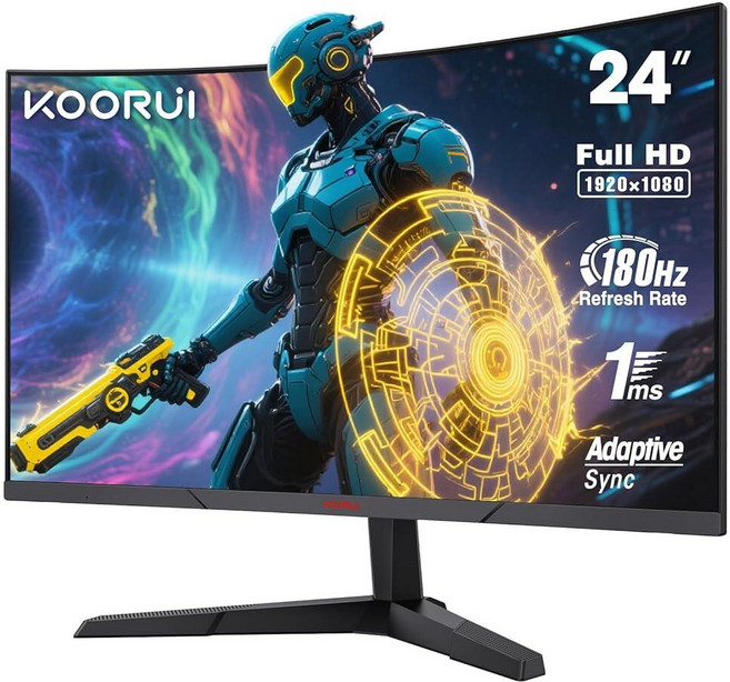 KOORUI 24인치 곡선형 게이밍 모니터 180Hz 1m FHD 1080p 1500R 디스플레이 적응형 동기화 99% sRGB HDR10 아이 케어 VESA 호환