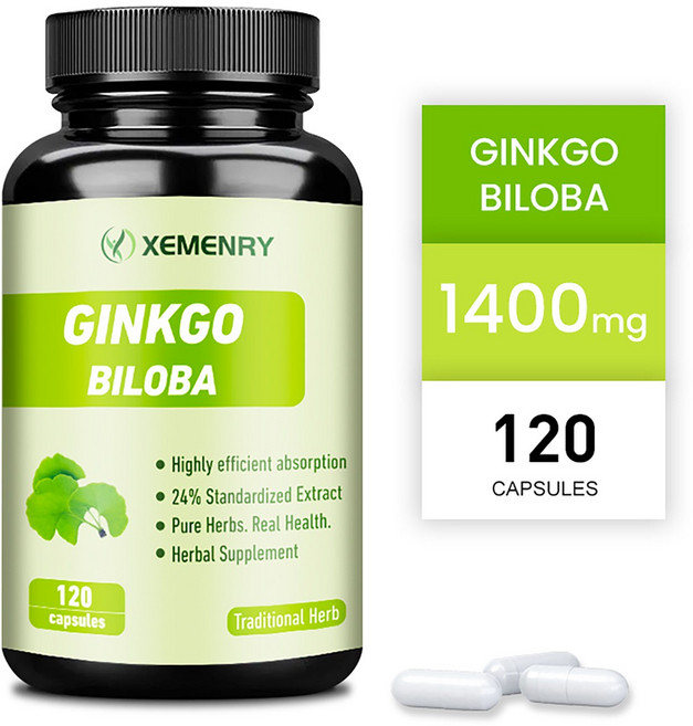 순수 유기농 은행나무 추출물로 만든 은행나무 추출물은 흡수성이 뛰어나며 24%의 표준 추출물이 함유되어 혈액 순환을 개선하고 집중력을 높여줍니다., 1개, 60정