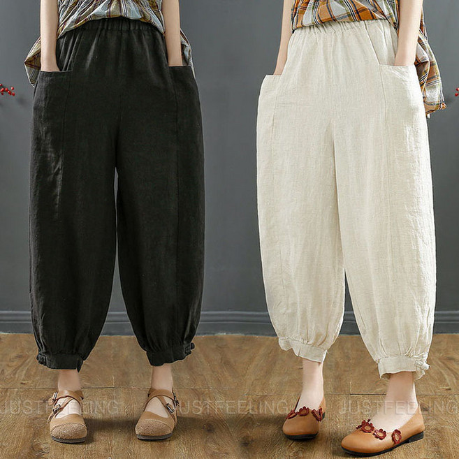 JUSTFEELING 여성 여름 바지 배기 밴딩 팬츠 와이드 빅사이즈 9부 조거팬츠 항아리바지 냉감바지 D10U