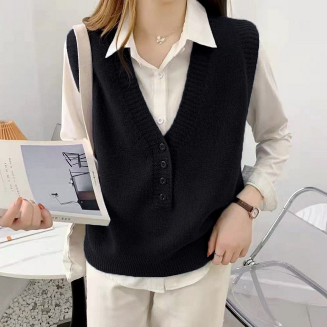 바바 여성 브이넥 반버튼 루즈핏 니트 조끼