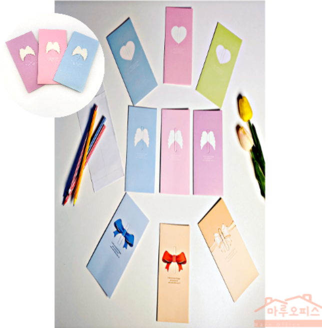 마루오피스_ 깔끔한 파스텔톤 컬러와 입체카드로 소중한 사람들에게 마음을 전달해보아요_ 리본/하트/엔젤-골드/핑크/그린/퍼플/블루 9종 축하카드, 1개, 엔젤-퍼플