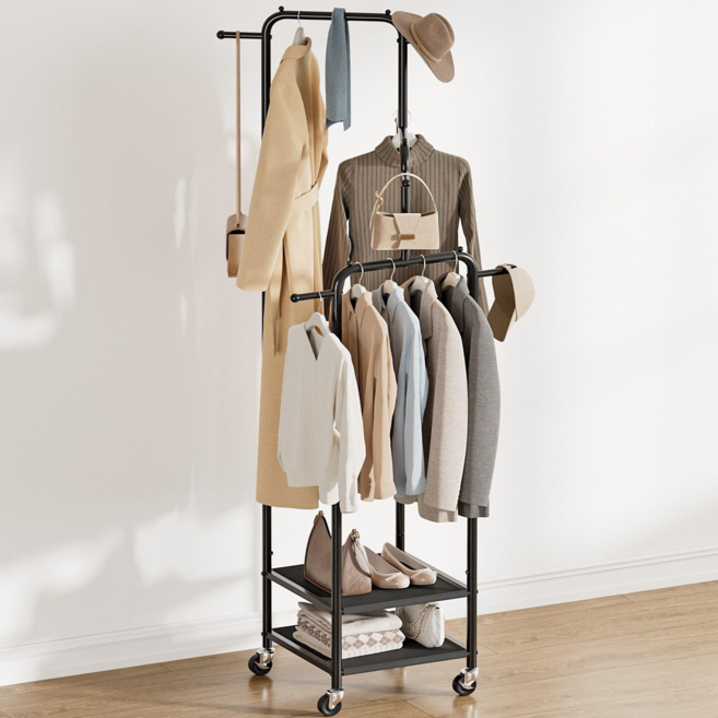 ONESOWON 철제 3단 이동식 슬림 행거 튼튼한 옷걸이 스탠드, 블랙