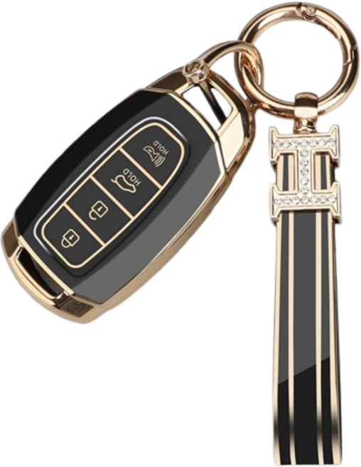 키에티 현대호환 그랜저IG 코나 4버튼 키케이스 + H큐빅 키체인, 골드-블랙