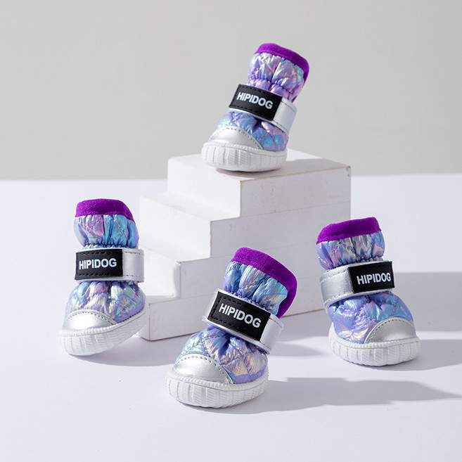 반려동물 겨울 털부츠 강아지 겨울 외출 방한화 미끄럼 방지 방수 산책화, 4개, 자주색