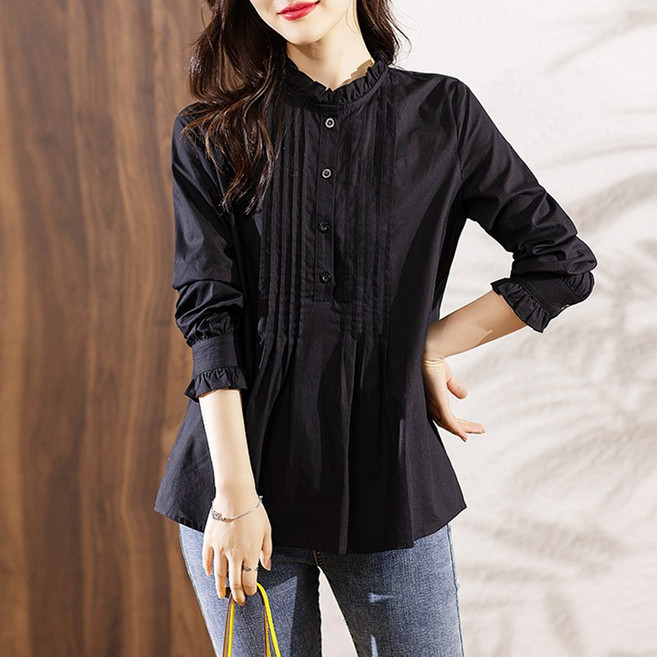 스타일아유 봄가을 러플 핀턱 셔츠 여성 면100% 긴팔 루즈핏 블라우스 BL1192