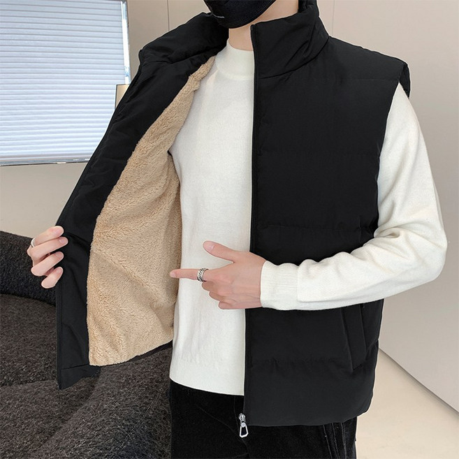 男士立領加絨加厚保暖背心 - 秋冬純色運動坎肩