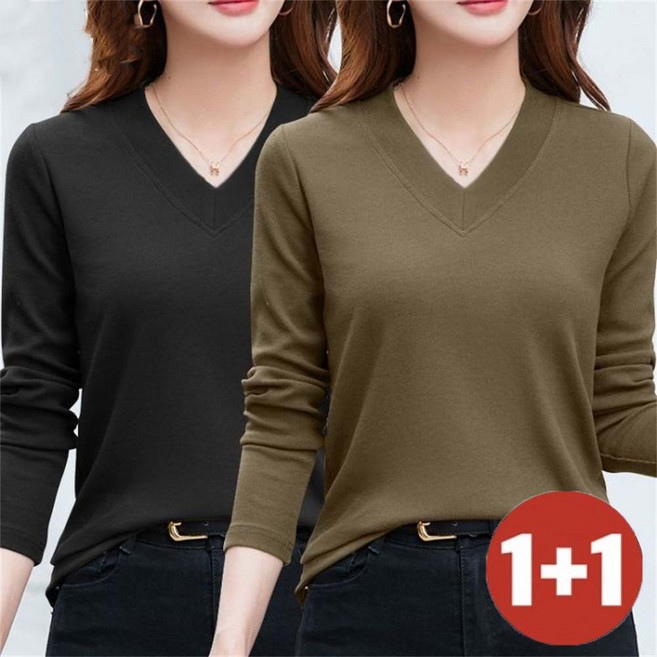 TKX 1+1 여성 가을 겨울 데일리 긴팔 브이넥 티셔츠 슬림핏 캐주얼 골지 쫄티