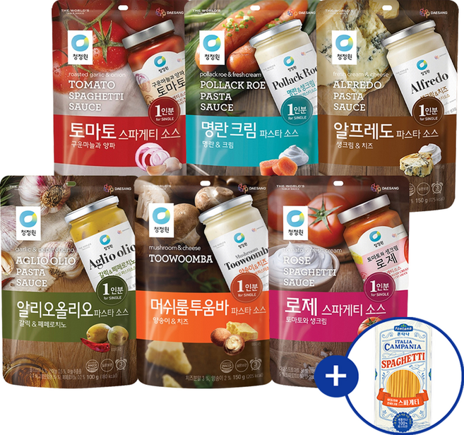청정원 파스타소스 파우치 6종 + 스파게티면 세트, 150g